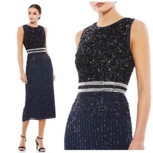 MAC DUGGAL sequinned, beaded form fitting Midi Dress ,SZ 6, ,NEW, navy